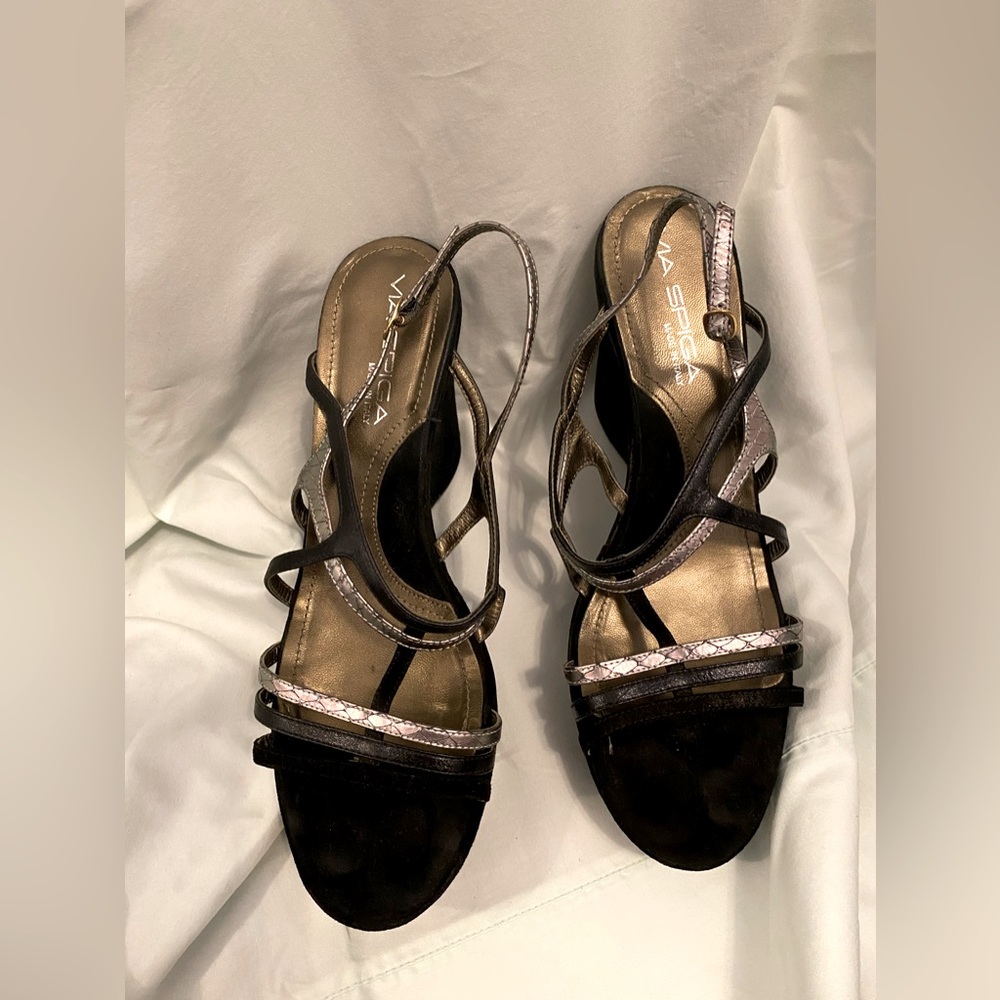 Via Spiga leather straps and velvet platform sandals.
